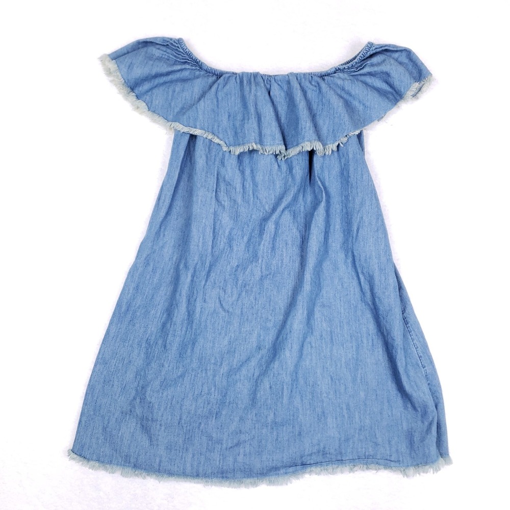 Mossimo Off Shoulder Chambray Blouse Small Blue Ruffle Fray Hem Boho Summer Girl